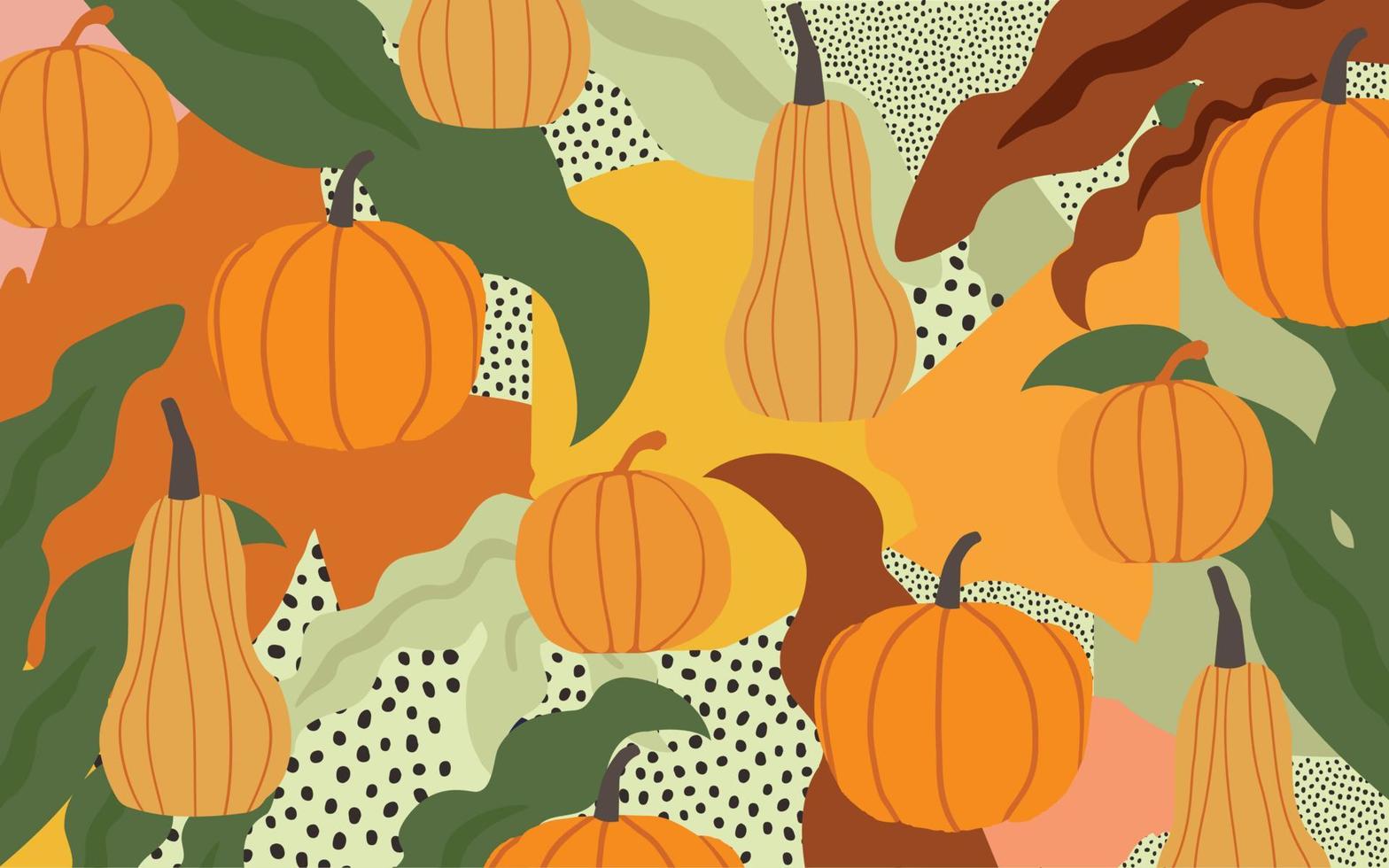 poster ispirato all'autunno con zucche e foglie illustrazione vettoriale. sfondo della stagione autunnale vettore