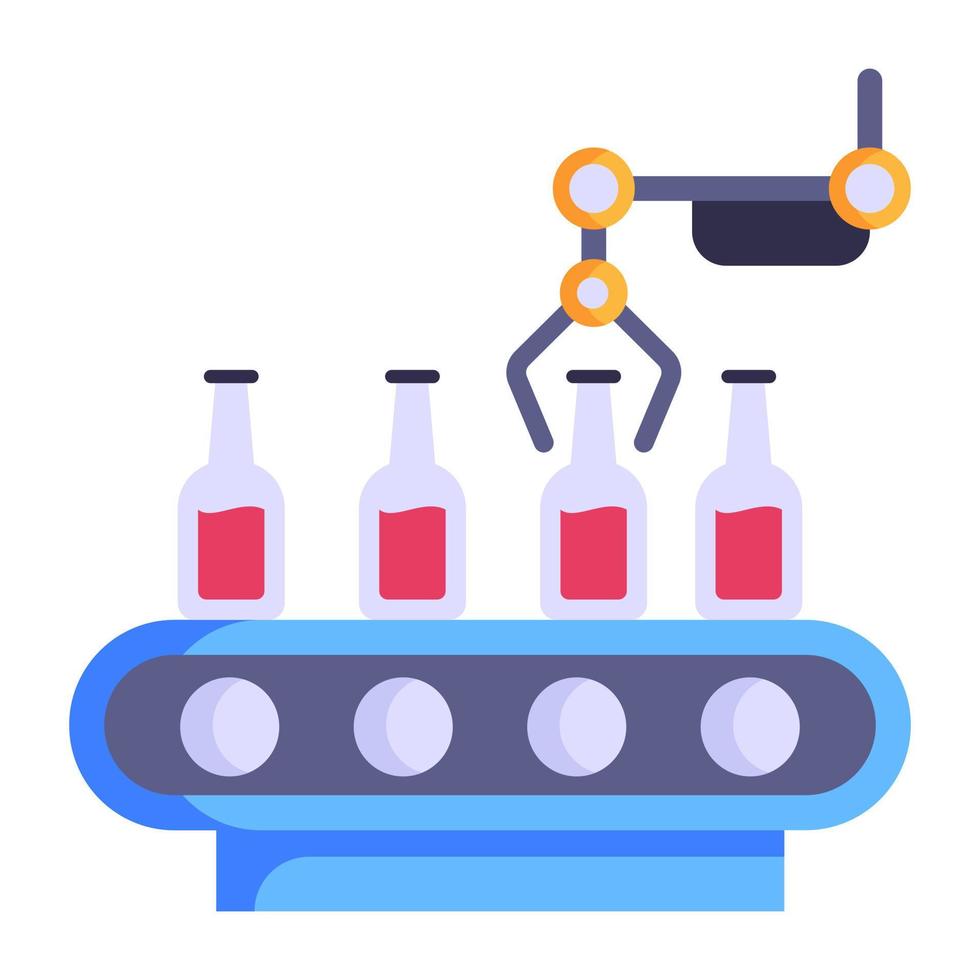 linea di assemblaggio di produzione, icona piatta dell'imballaggio del robot vettore