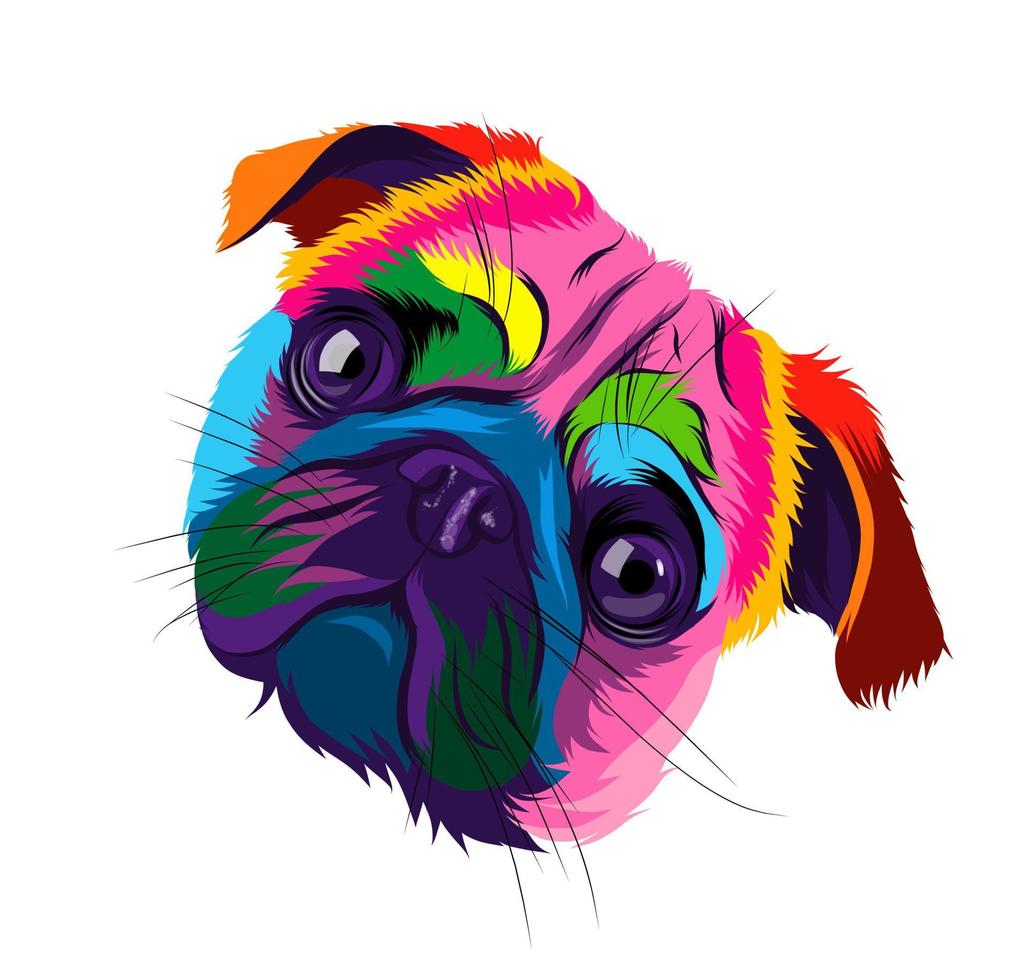 ritratto astratto della testa del carlino dalle pitture multicolori. disegno colorato. ritratto del muso del cucciolo, muso del cane. illustrazione vettoriale di vernici