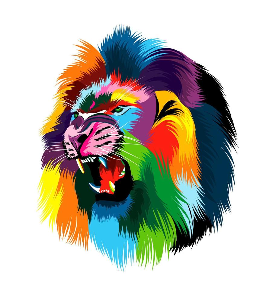 testa astratta di un leone ruggente da vernici multicolori. disegno colorato. illustrazione vettoriale di vernici
