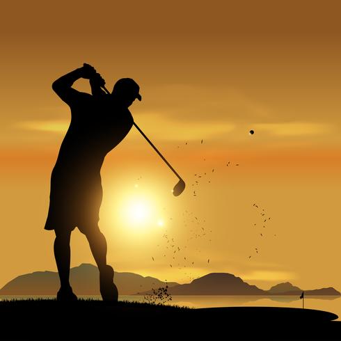 Siluetta del giocatore di golf al tramonto vettore