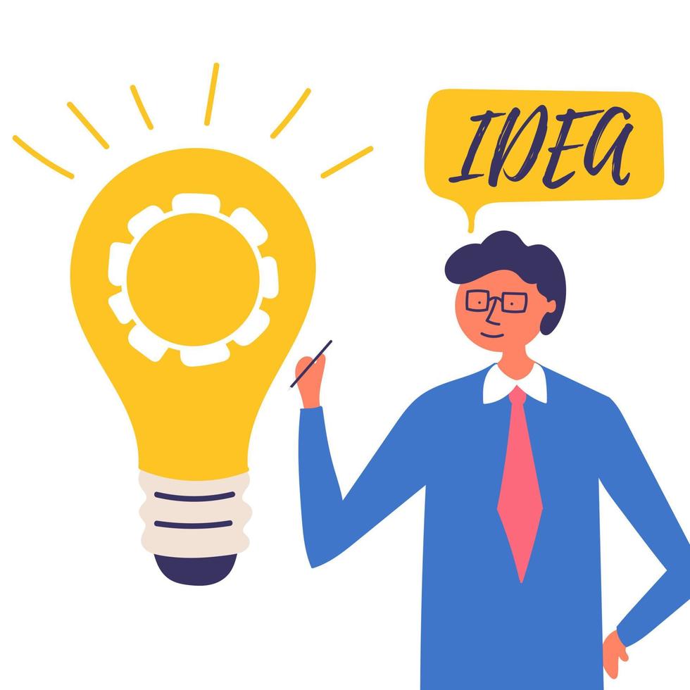 un impiegato offre un'idea brillante. soluzione al problema. idea. brainstorming vettore