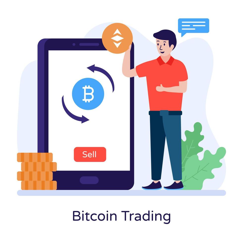 illustrazione piatta di trading bitcoin online, denaro digitale vettore