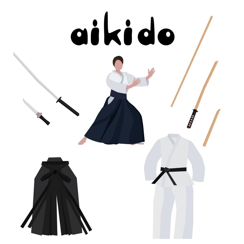 set aikido, abiti e armi tradizionali, uomo in posa che pratica arti marziali vettore