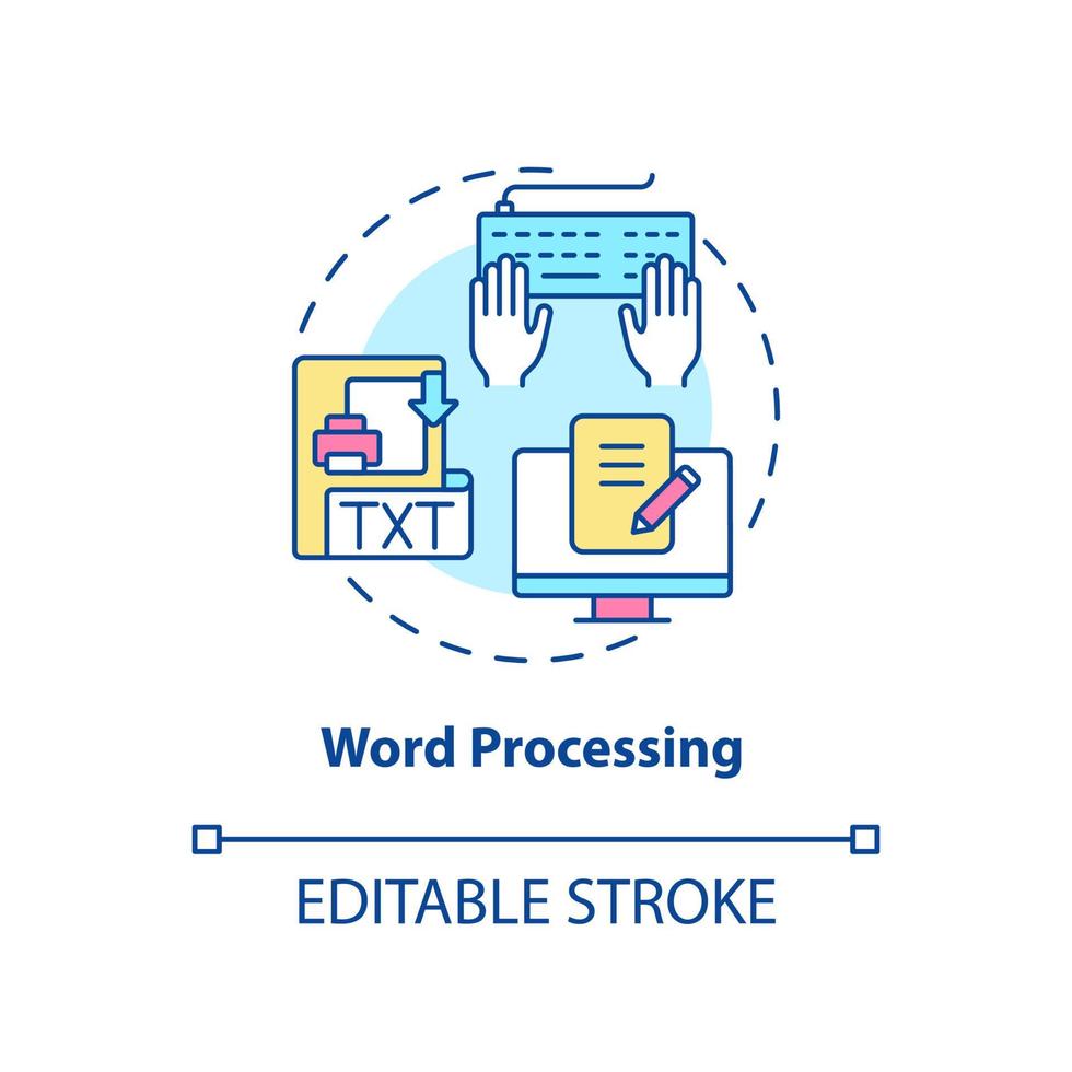 icona del concetto di elaborazione testi. creare e modificare il testo. competenze digitali di base astratta idea linea sottile illustrazione. disegno di contorno isolato. tratto modificabile. arial, una miriade di caratteri pro-grassetto utilizzati vettore