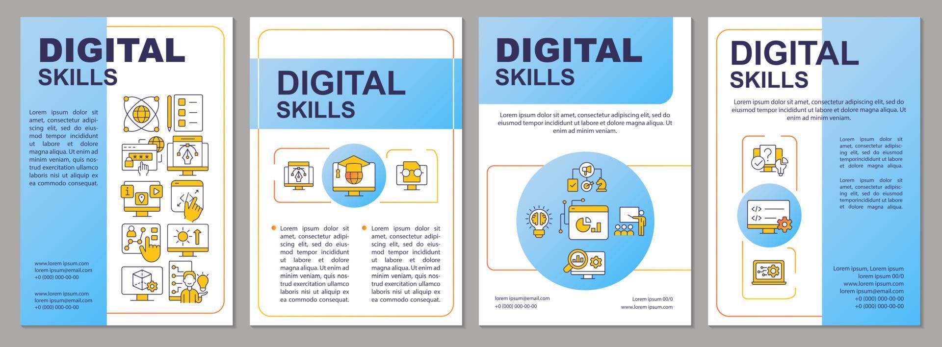 modello di brochure blu competenze digitali. abilità nell'usare il computer. design volantino con icone lineari. 4 layout vettoriali per la presentazione, relazioni annuali. arial-nero, una miriade di caratteri pro-regolari utilizzati