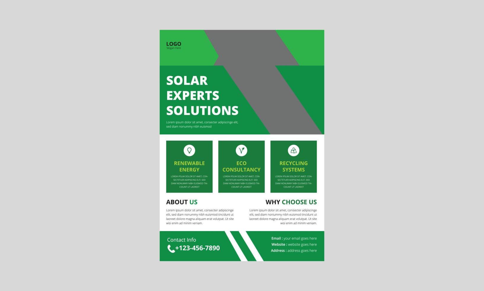 modello di volantino soluzioni per esperti solari. design del volantino dell'aletta di filatoio di energia solare della casa. modello di poster di risparmio energetico verde. copertina, formato A4, design volantino vettore