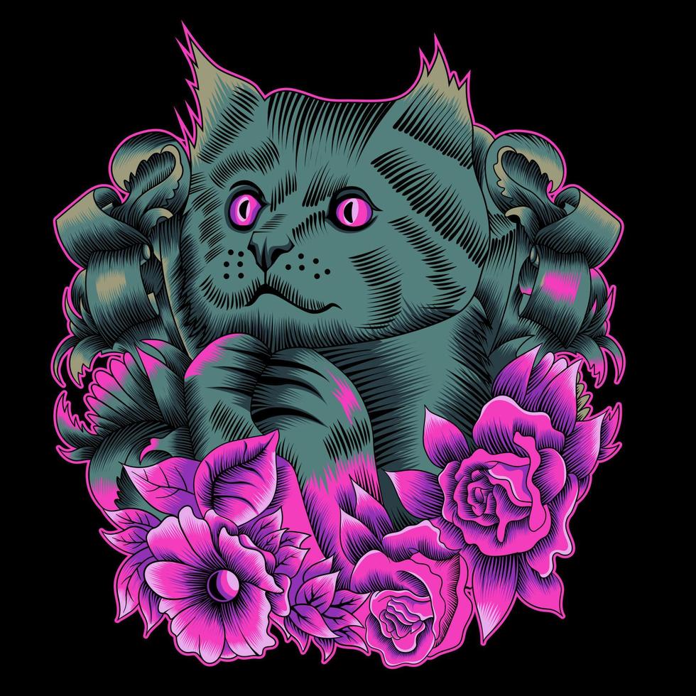 gatto con illustrazione di fiori vettore