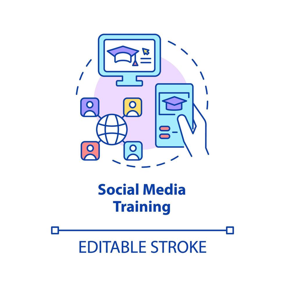 icona del concetto di formazione sui social media. illustrazione di linea sottile di idea astratta online di apprendimento aziendale. disegno di contorno isolato. tratto modificabile. roboto-medium, una miriade di caratteri pro-grassetto utilizzati vettore