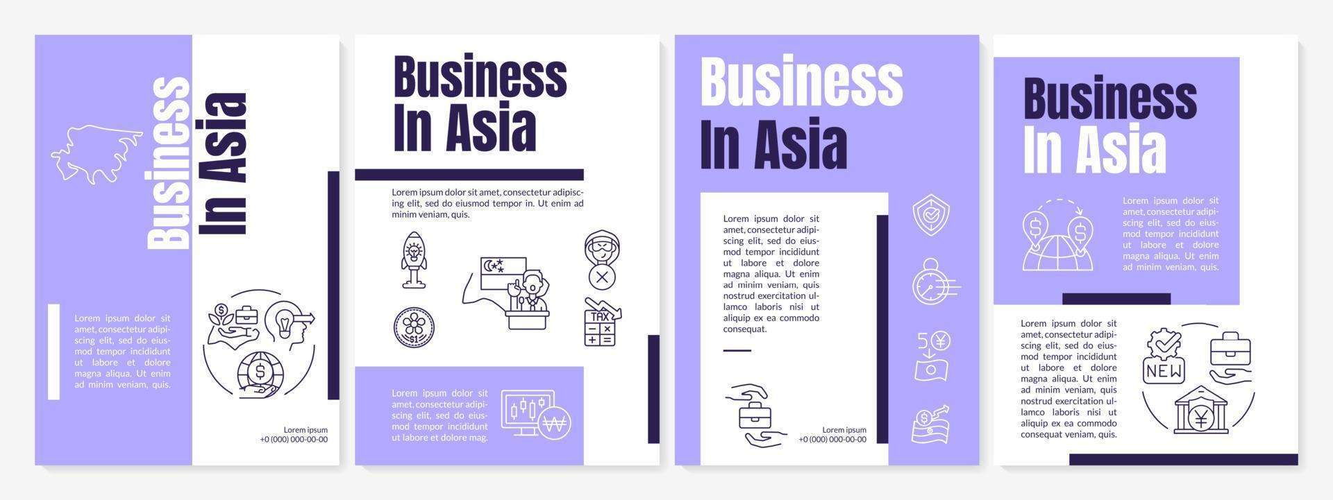 imprenditorialità nei paesi asiatici modello di brochure viola. design per la stampa di opuscoli con icone lineari. layout vettoriali per presentazioni, relazioni annuali, annunci. arial-nero, una miriade di caratteri pro-regolari utilizzati