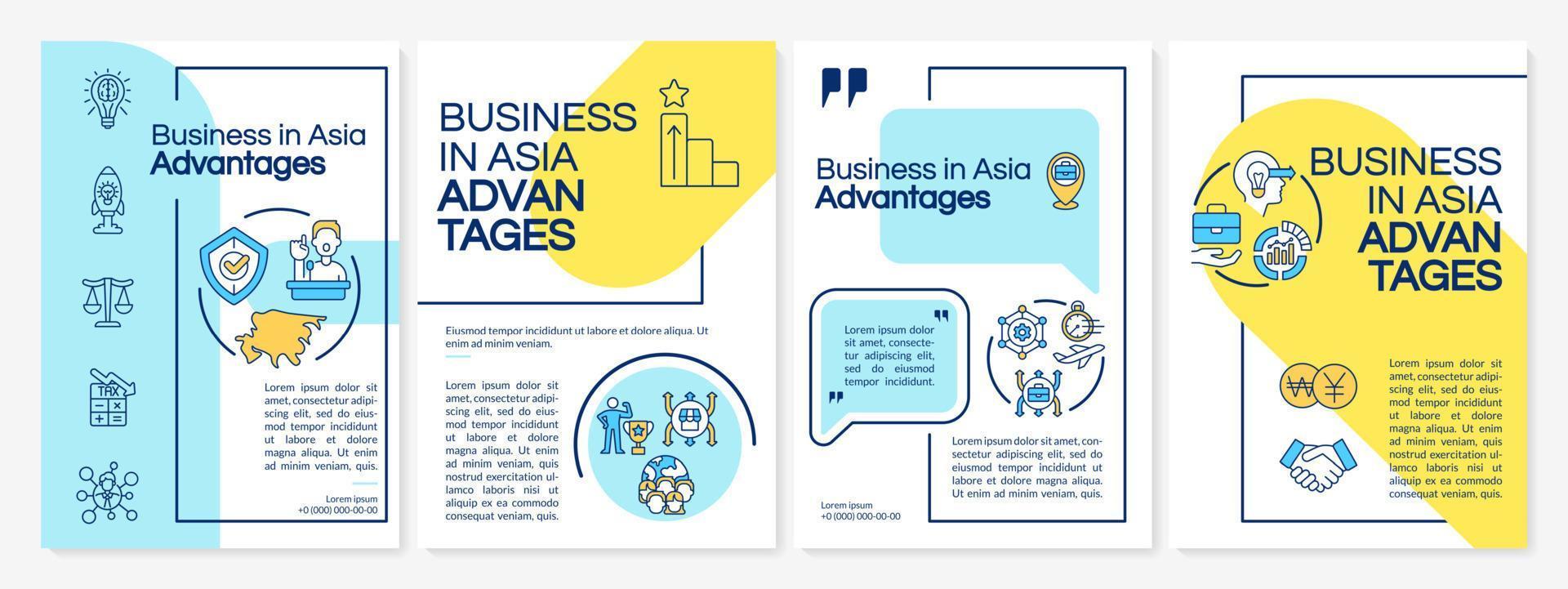 il business in asia beneficia del modello di brochure blu e giallo. design per la stampa di opuscoli con icone lineari. layout vettoriali per presentazioni, relazioni annuali, annunci. arial-nero, una miriade di caratteri pro-regolari utilizzati