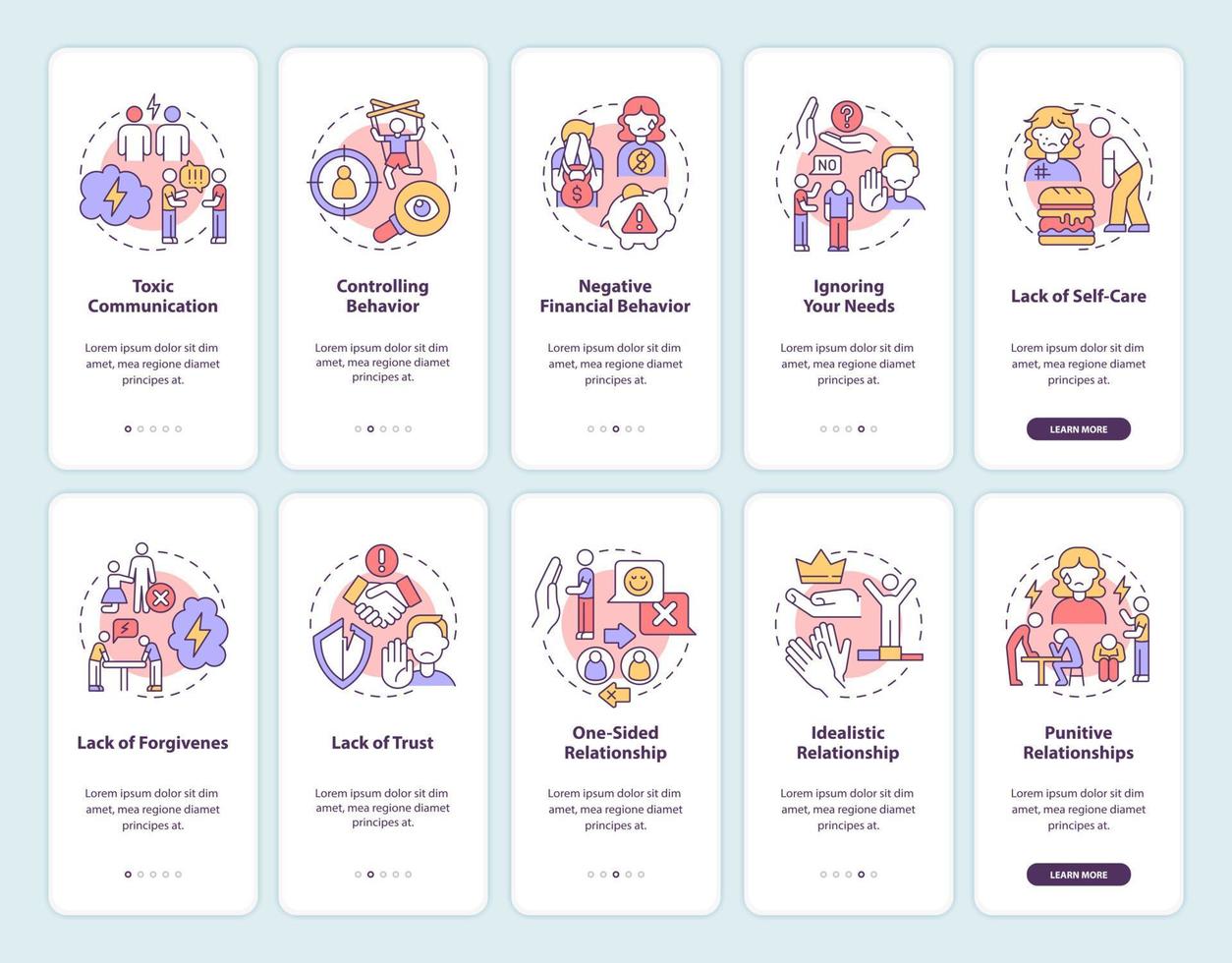 schermata della pagina dell'app mobile di onboarding della relazione tossica. partner abusivo ed egoista procedura dettagliata 5 passaggi istruzioni grafiche con concetti. modello vettoriale ui, ux, gui con illustrazioni a colori lineari