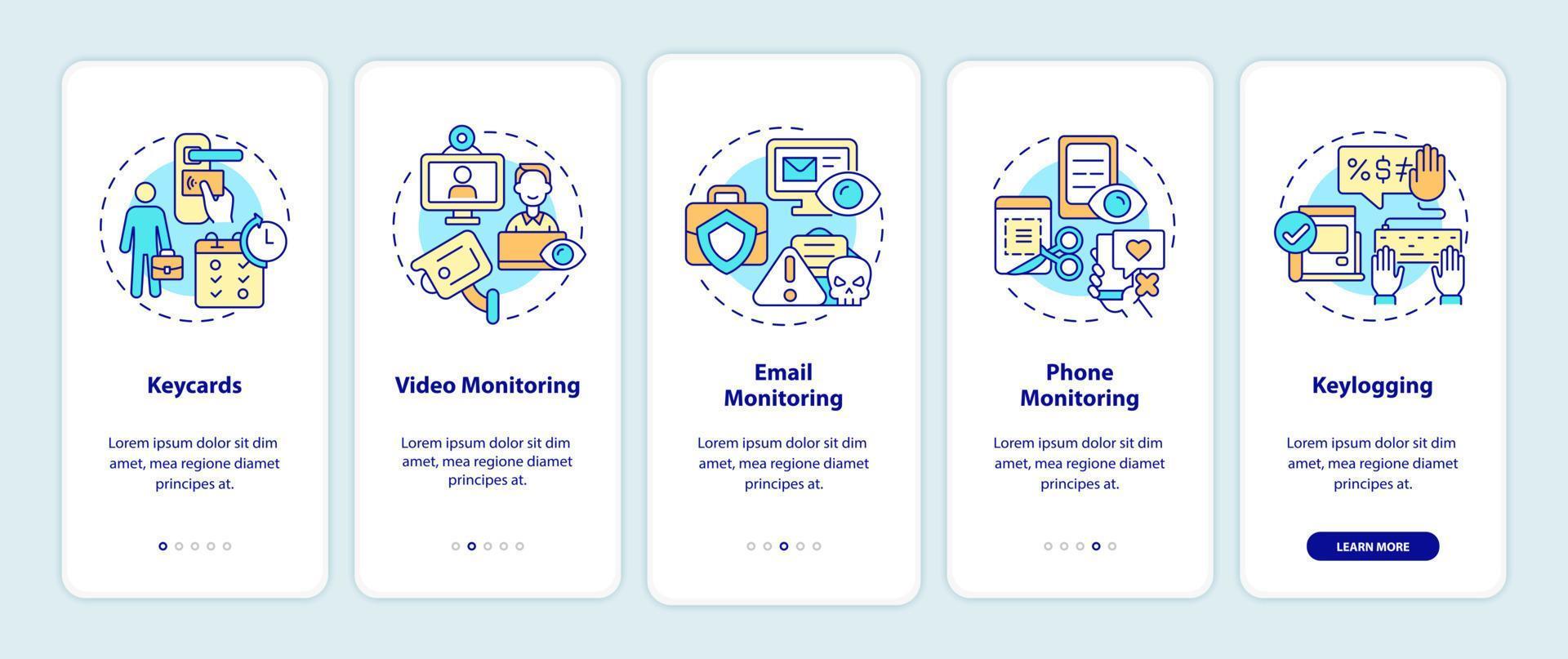 tipi di schermata della pagina dell'app mobile per il monitoraggio dei dipendenti. procedura dettagliata del lavoro 5 passaggi istruzioni grafiche con concetti. modello vettoriale ui, ux, gui con illustrazioni a colori lineari