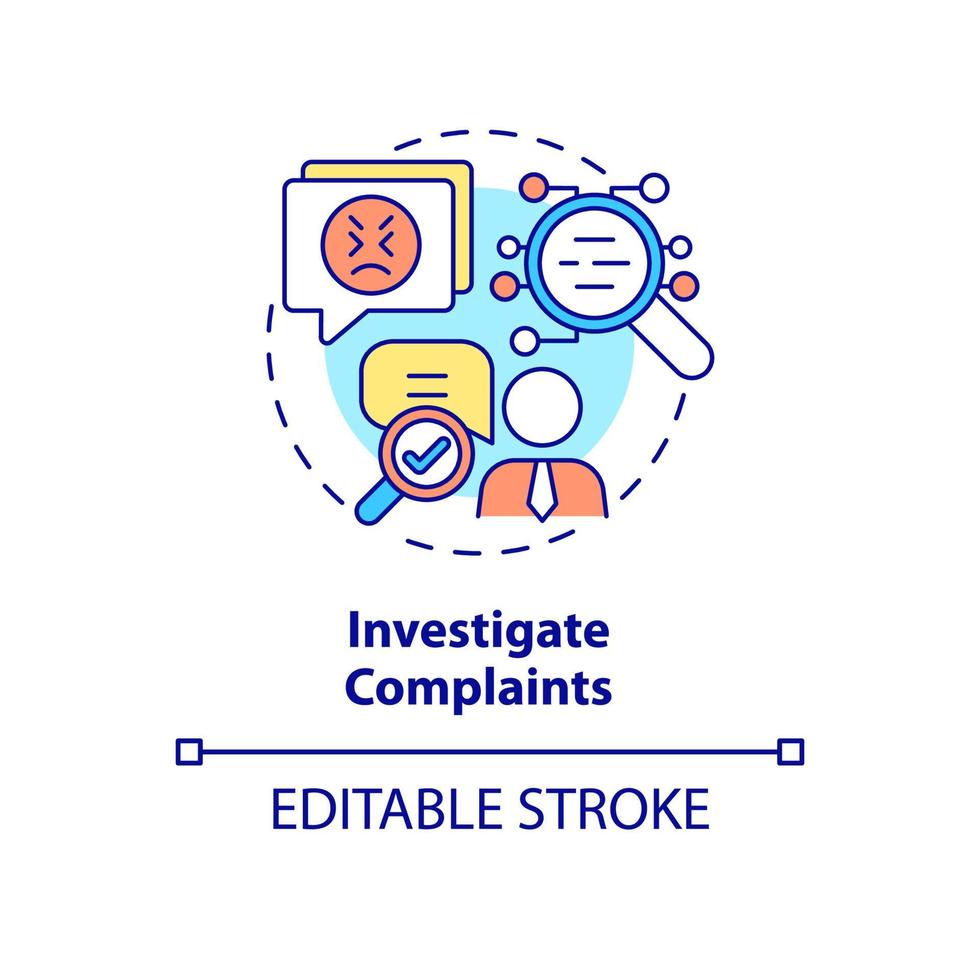 indagare sull'icona del concetto di compaints. controllare il problema dei lavoratori sul posto di lavoro. illustrazione della linea sottile dell'idea astratta di monitoraggio dei dipendenti. disegno a colori di contorno isolato vettoriale. tratto modificabile vettore