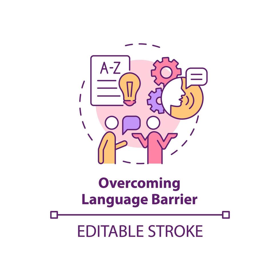 icona del concetto di superamento della barriera linguistica. espatriati lotta idea astratta linea sottile illustrazione. imparare una nuova lingua. difficoltà culturali. disegno a colori di contorno isolato vettoriale. tratto modificabile vettore