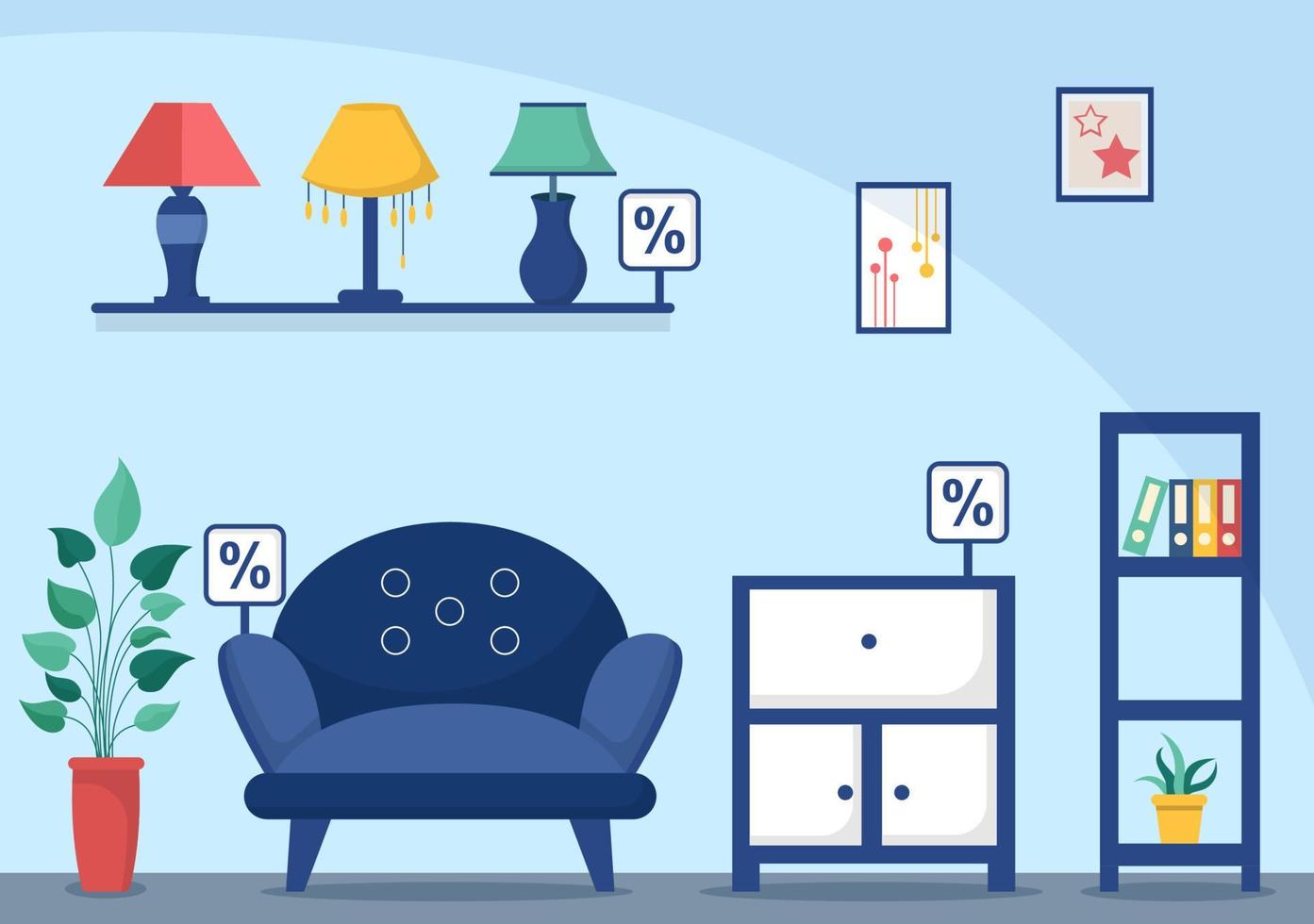 illustrazione di design piatto del negozio di mobili per la casa affinché il soggiorno sia comodo come un divano, una scrivania, un armadio, luci, piante e arazzi vettore