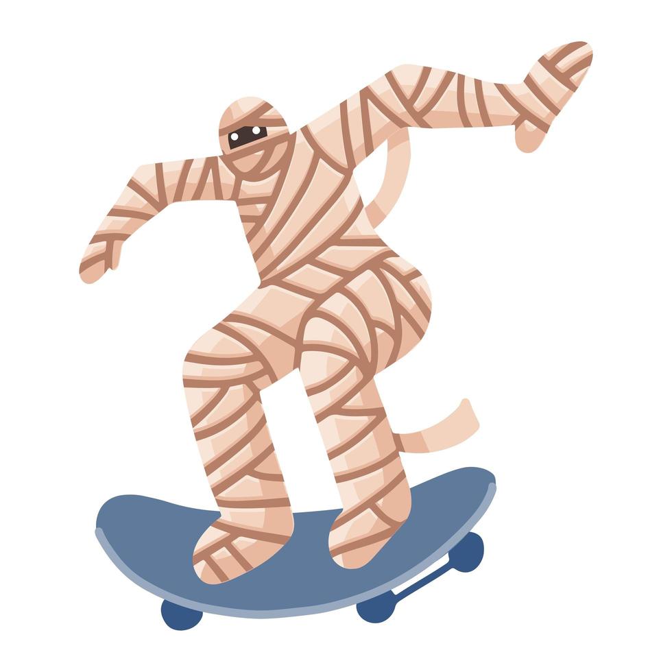 mummia zombi adolescente in sella a uno skateboard. fantastico personaggio adolescente che fa il suo hobby. illustrazione vettoriale disegnata a mano piatta.