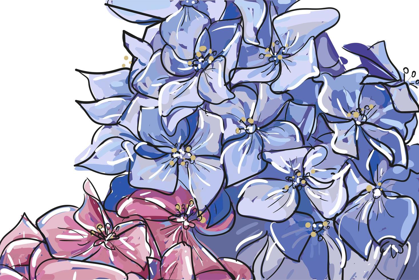vettore schizzo disegnato a mano contorno astratto ortensia o hortensia mazzo di fiori in rosa pastello blu isolato su sfondo bianco. ortensia di piante da giardino ornamentali di contorno per il design estivo.