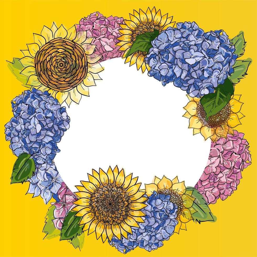 corona con girasoli disegnati a mano e ortensie in cornice rotonda. sfondo floreale rustico. illustrazione botanica vettoriale in stile acquerello. agricoltura o raccolto, agricoltura o tema romantico.