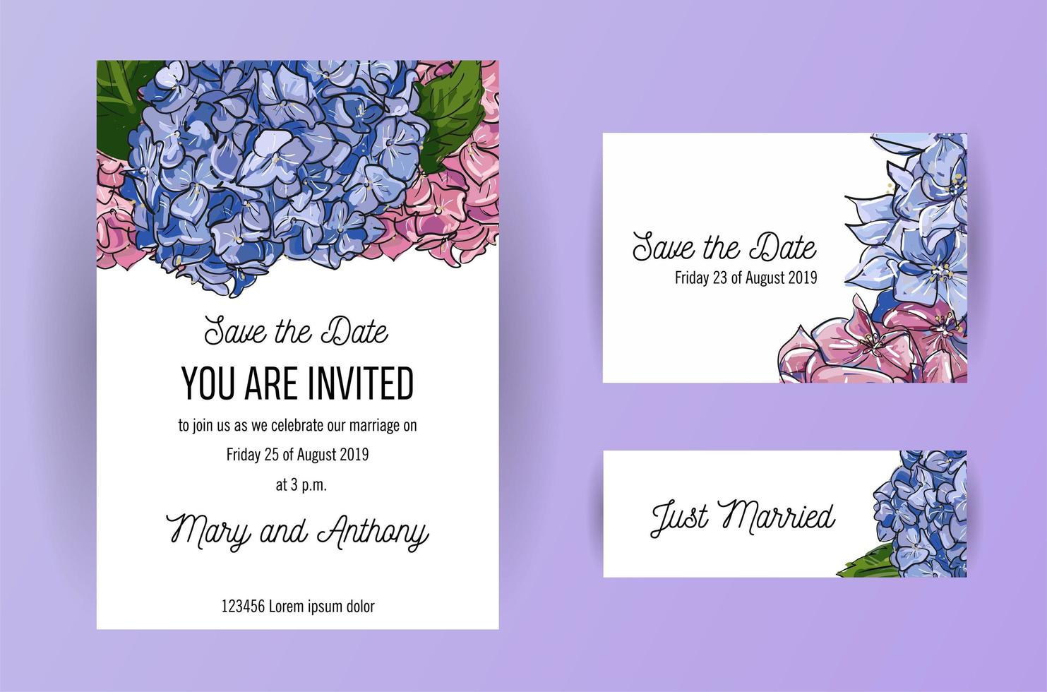 set di biglietti d'invito a nozze con ortensia fiori blu e rosa. modello di carta a5 su sfondo bianco con illustrazione botanica floreale disegnata a mano. bellissimo esempio di vettore di nozze.