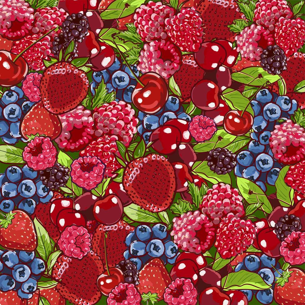 sfondo di bacche. frutti di bosco in alto primo piano colorato mix assortito di fragola, mirtillo, lampone, mora. sfondo alimentare, consistenza di frutti di bosco freschi assortiti. illustrazione vettoriale disegnata a mano.