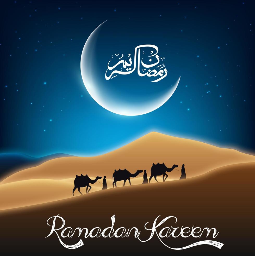 il ramadan kareem con il cammello cammina nel deserto di notte vettore