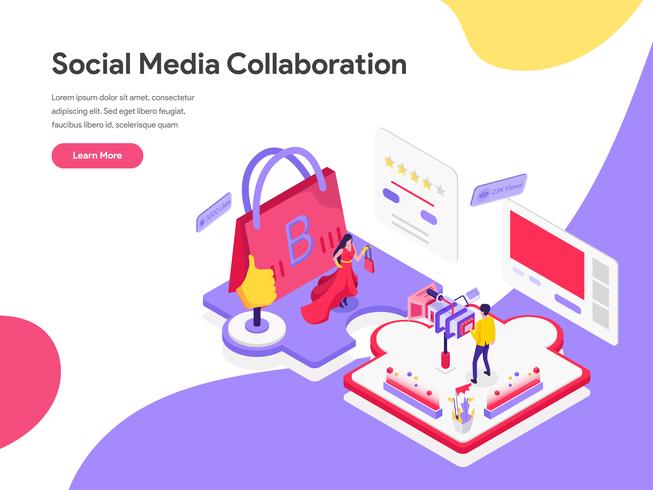 Modello della pagina di atterraggio del concetto isometrico dell&#39;illustrazione di collaborazione di media sociali. Concetto di design piatto isometrica della progettazione di pagine Web per sito Web e sito Web mobile. Illustrazione di vettore