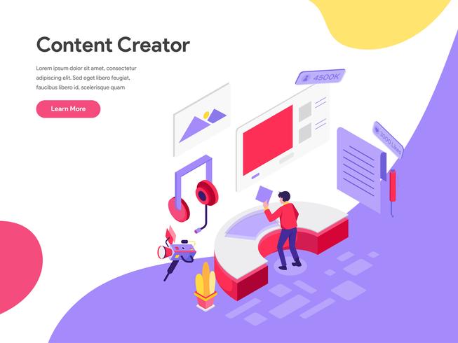 Modello di pagina di destinazione del concetto di Content Creator Illustration. Concetto di design piatto isometrica della progettazione di pagine Web per sito Web e sito Web mobile. Illustrazione di vettore