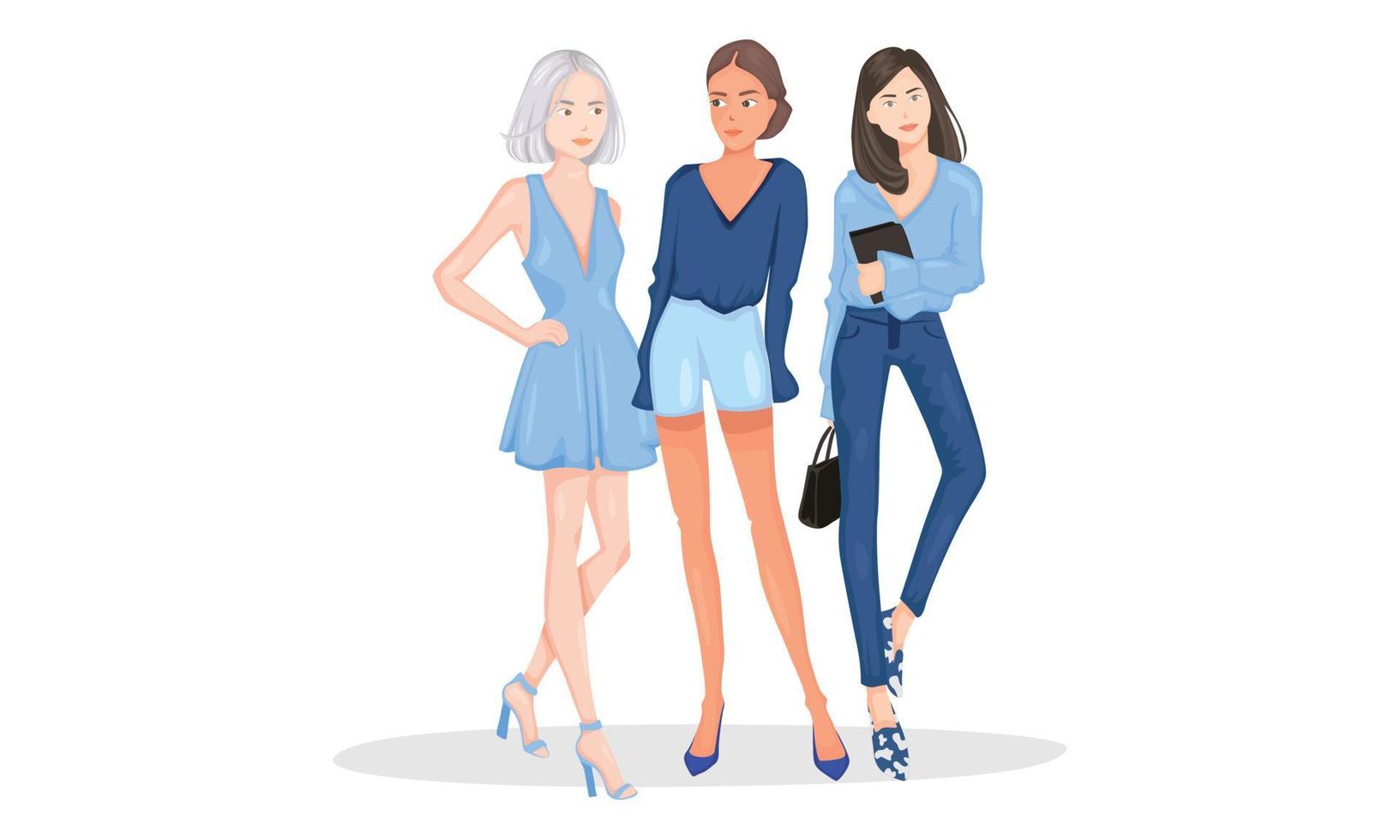 modello in posa donna sfilata di moda da donna per un abbigliamento comodo di carattere internazionale. indossano camicia blu, pantaloni e mini dress, semplicemente semplici vettore