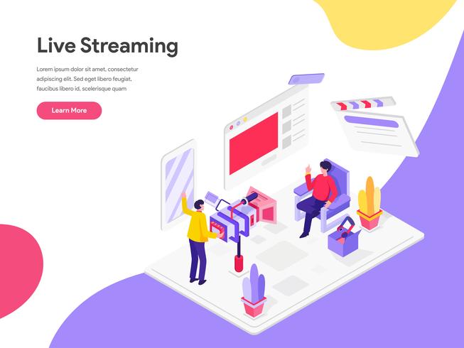 Modello di pagina di destinazione del concetto di illustrazione isometrica di Live Streaming. Concetto di design piatto isometrica della progettazione di pagine Web per sito Web e sito Web mobile. Illustrazione di vettore