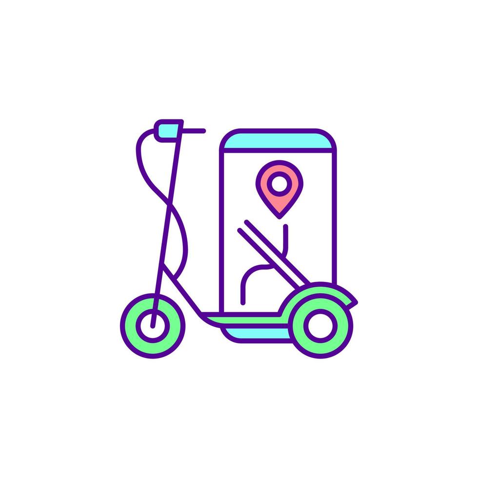 icona colore rgb del servizio di noleggio e-scooter. trasporto elettrico su strade pubbliche. mobilità sostenibile. sistema di scooter sharing. riduzione delle emissioni. illustrazione vettoriale isolata. semplice disegno a tratteggio pieno