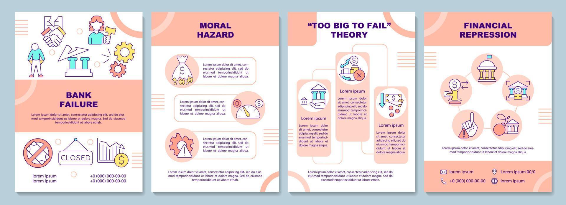 modello di brochure fallimento banca. repressione finanziaria. volantino, opuscolo, stampa depliant, copertina con icone lineari. layout vettoriali per presentazioni, relazioni annuali, pagine pubblicitarie