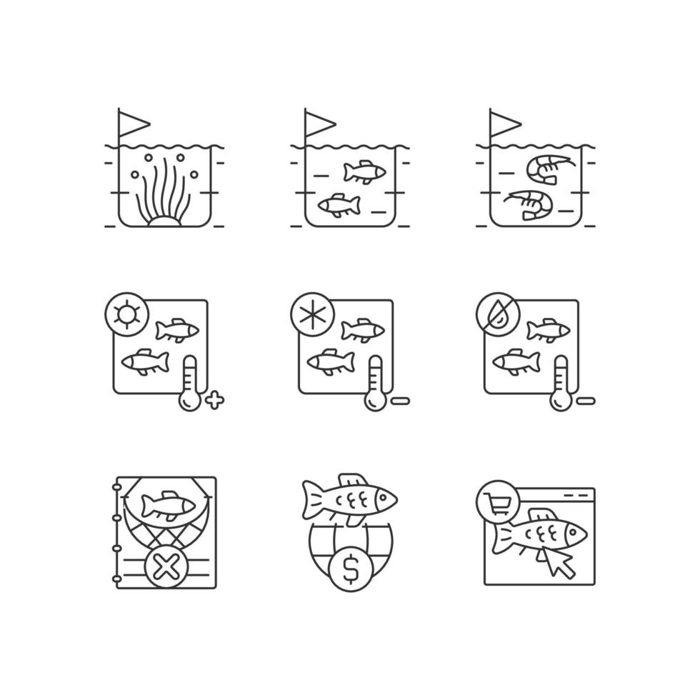 allevamento di prodotti ittici e memorizzazione di icone lineari impostate. sterilizzazione e conservazione. pesca commerciale. simboli di contorno a linea sottile personalizzabili. illustrazioni di contorno vettoriale isolate. tratto modificabile