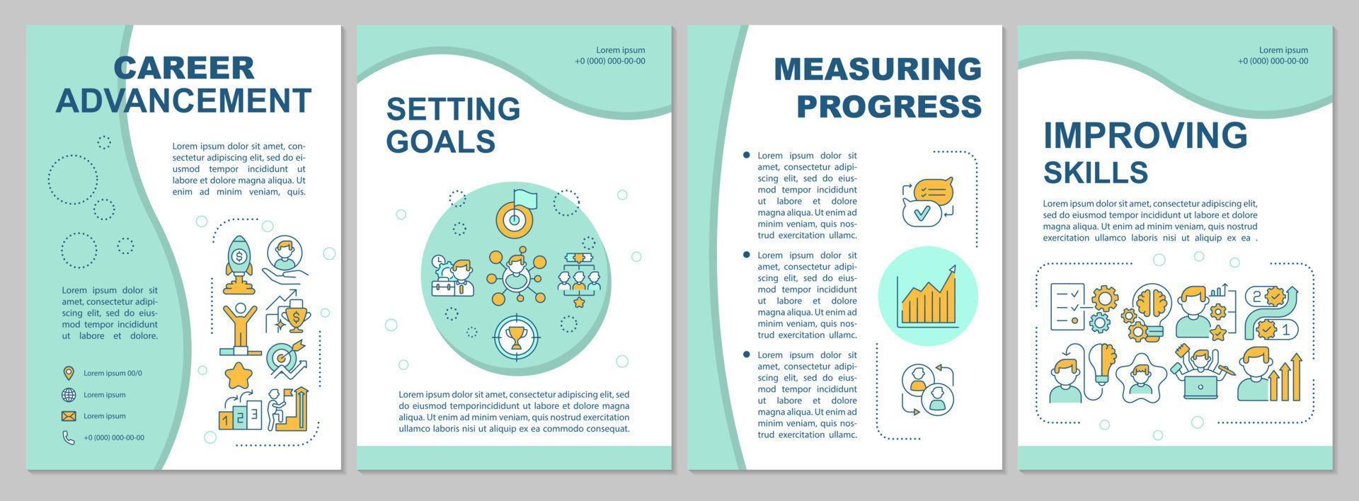 modello di brochure di menta per l'avanzamento di carriera. sviluppo professionale. volantino, opuscolo, stampa depliant, copertina con icone lineari. layout vettoriali per presentazioni, relazioni annuali, pagine pubblicitarie