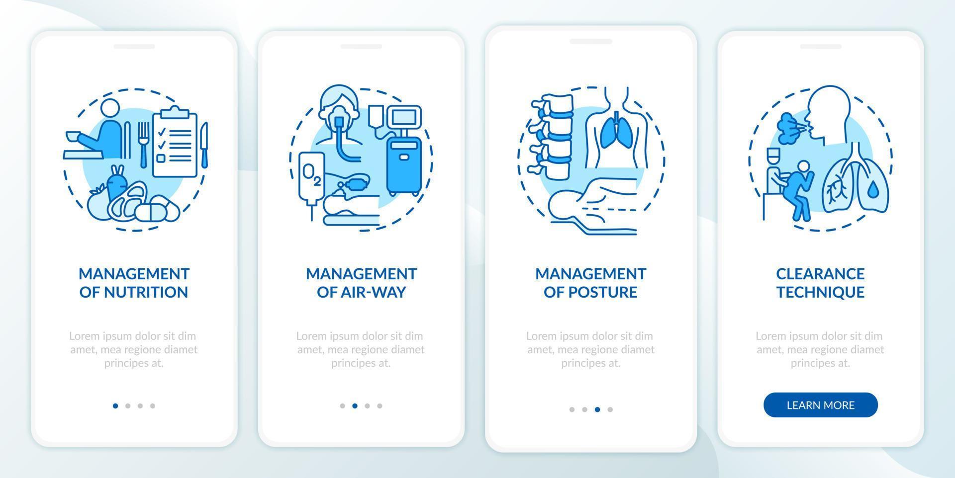 schermata della pagina dell'app mobile di onboarding blu per la riabilitazione polmonare. procedura dettagliata per la gestione del ripristino 4 passaggi istruzioni grafiche con concetti. modello vettoriale ui, ux, gui con illustrazioni a colori lineari