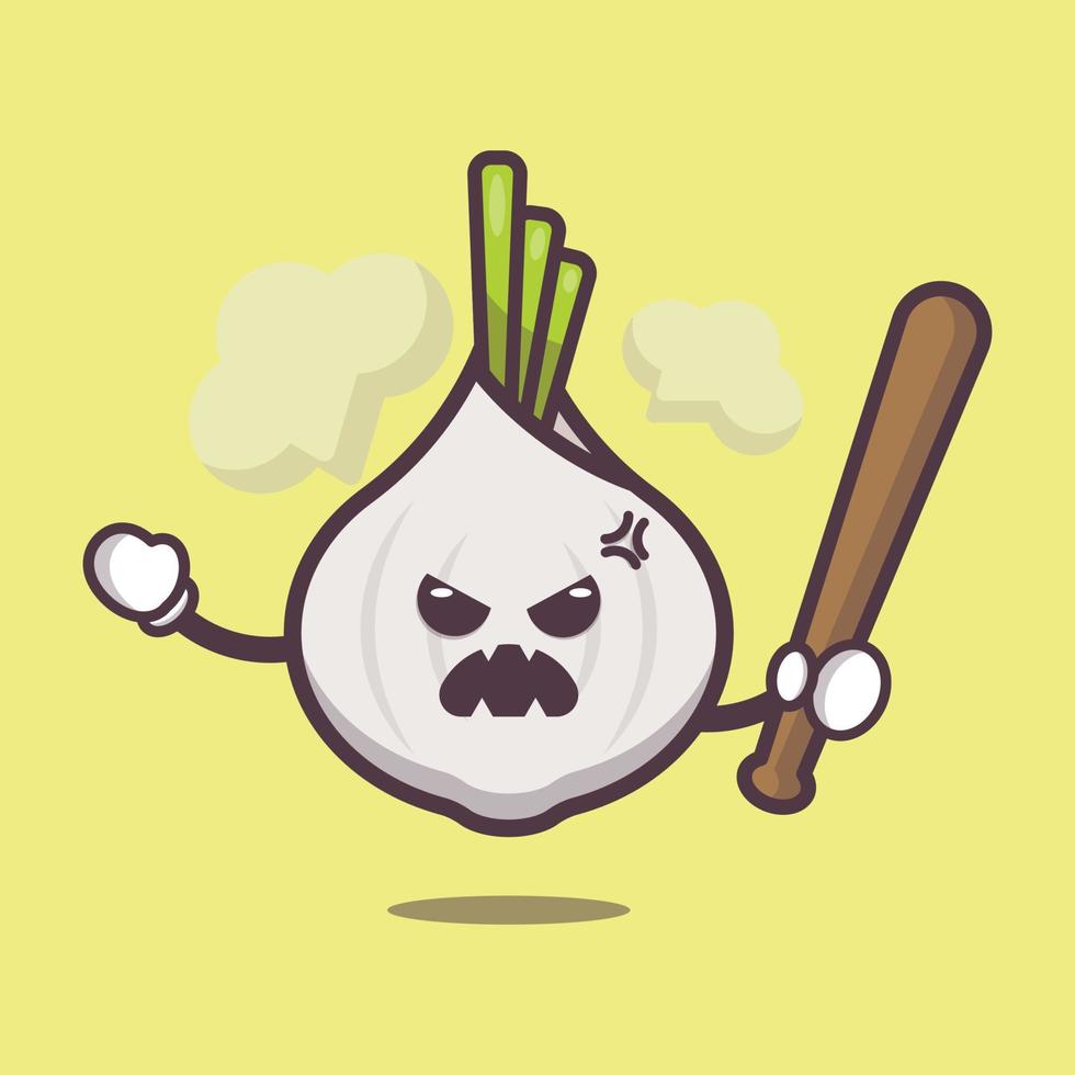 simpatico personaggio della mascotte dei cartoni animati di aglio arrabbiato che tiene il bastone da baseball vettore