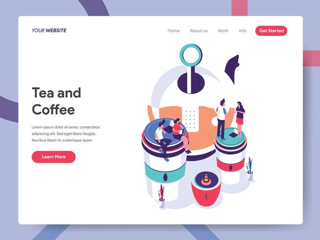 Modello di pagina di destinazione del concetto di illustrazione di tè e caffè. Concetto di design piatto isometrica della progettazione di pagine Web per sito Web e sito Web mobile. Illustrazione di vettore ENV 10