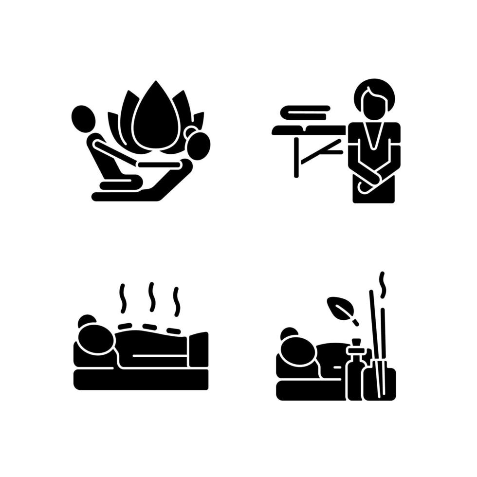 procedure di bellezza icone del glifo nero impostate su uno spazio bianco. tecniche di stretching. massaggiatore. applicare pietre riscaldate. pratica di aromaterapia. simboli di sagoma. illustrazione vettoriale isolato