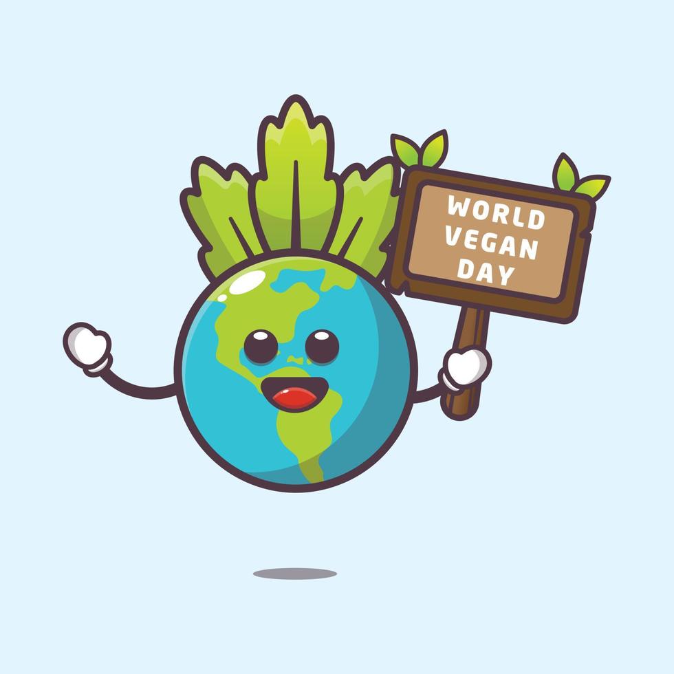simpatico personaggio della mascotte dei cartoni animati della terra nella giornata mondiale dei vegani vettore