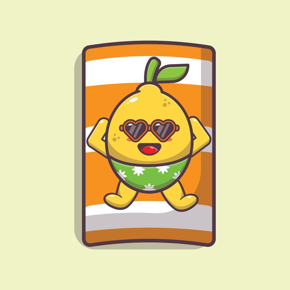 simpatico personaggio mascotte dei cartoni animati di limone in occhiali da sole che dorme sulla spiaggia vettore