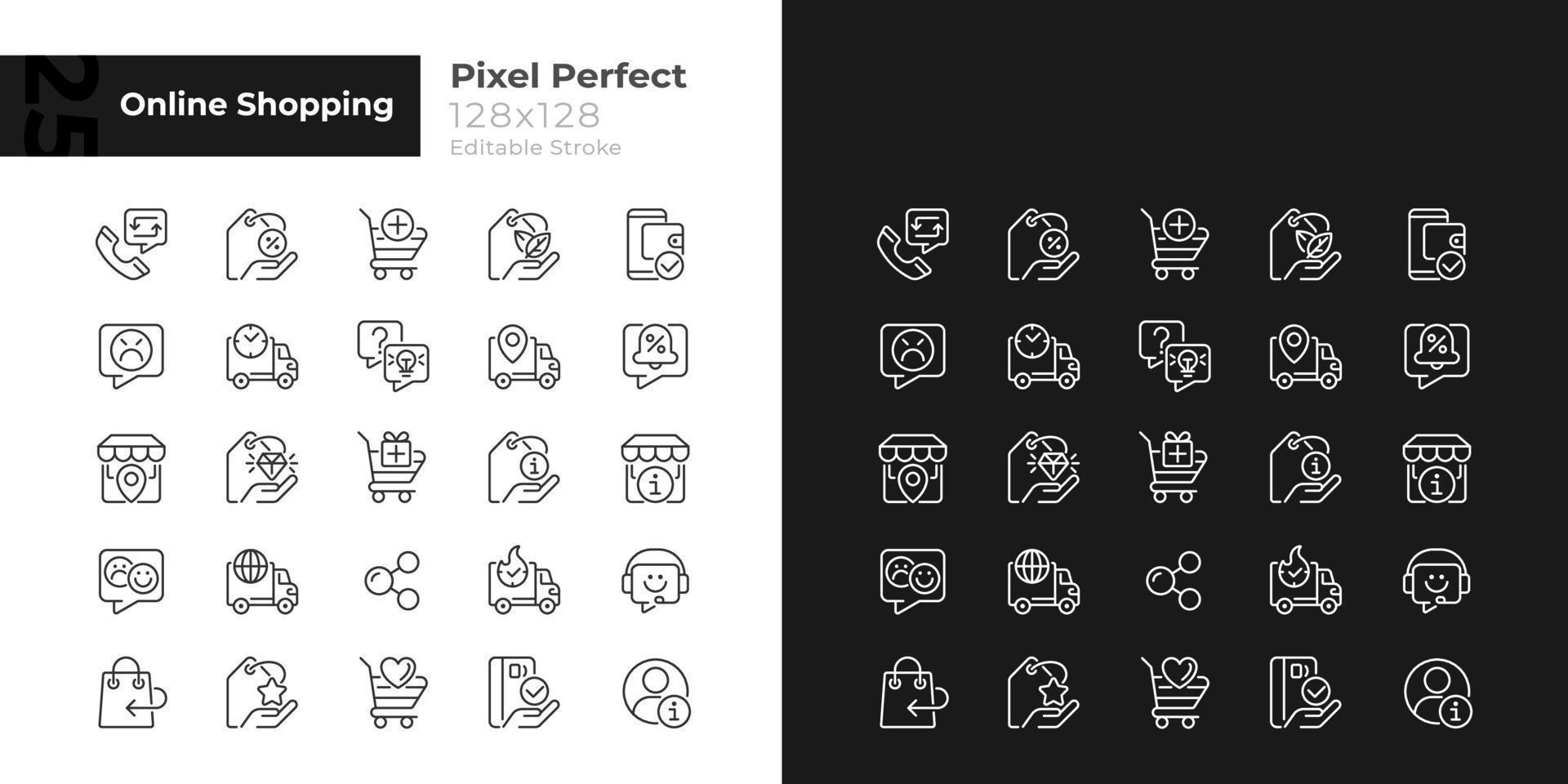 icone lineari perfette pixel per lo shopping online impostate per la modalità scura e chiara. commercio elettronico. simboli di linee sottili per la notte, il tema del giorno. illustrazioni isolate. tratto modificabile. carattere sabbie mobili utilizzato vettore