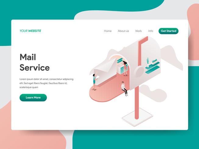 Modello della pagina di atterraggio del concetto dell&#39;illustrazione di servizio della posta. Concetto di design isometrico di progettazione di pagine Web per sito Web e sito Web mobile. Illustrazione di vettore