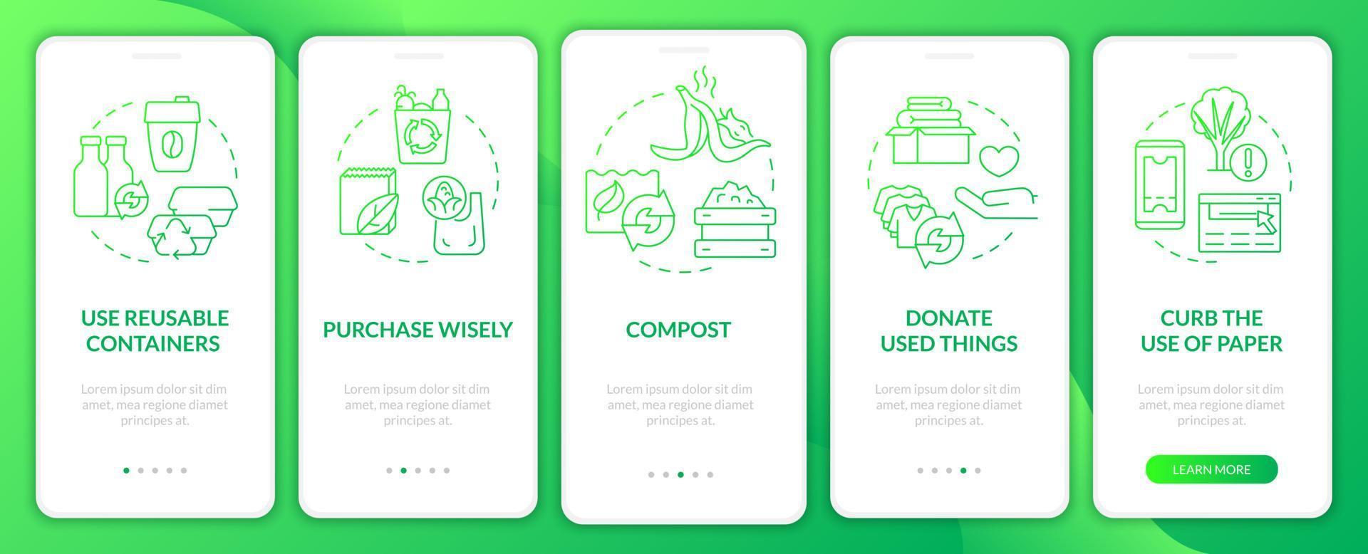 come ridurre al minimo gli sprechi della sfumatura verde durante l'onboarding dello schermo dell'app mobile. procedura dettagliata 5 passaggi pagine di istruzioni grafiche con concetti lineari. ui, ux, modello gui. sono stati utilizzati una miriade di caratteri normali in grassetto vettore