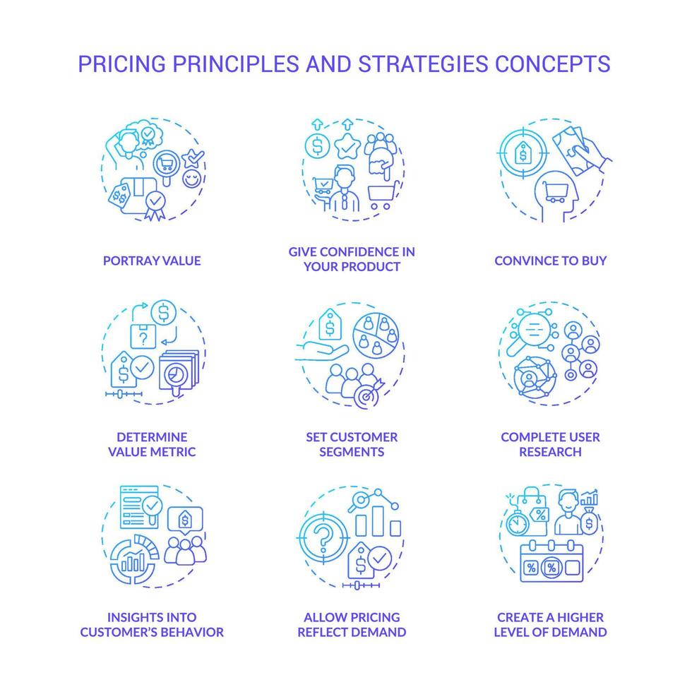 principi e strategie di prezzo set di icone del concetto di gradiente blu. impostare le illustrazioni a colori delle linee sottili dell'idea dei segmenti dei clienti. disegni di contorno isolati. roboto-medium, una miriade di caratteri pro-grassetto utilizzati vettore