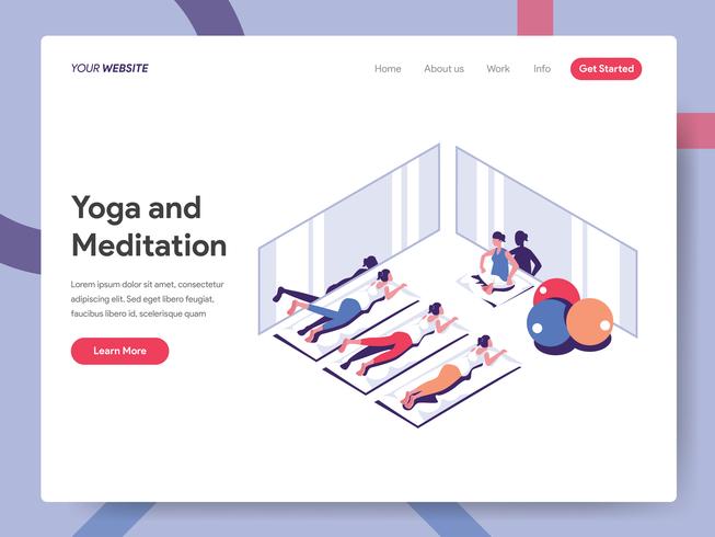 Modello di pagina di destinazione del concetto di illustrazione di meditazione e yoga. Concetto di design piatto isometrica della progettazione di pagine Web per sito Web e sito Web mobile. Illustrazione di vettore ENV 10