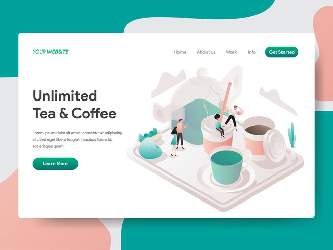 Modello di pagina di destinazione del concetto di illustrazione di tè e caffè gratis. Concetto di design isometrico di progettazione di pagine Web per sito Web e sito Web mobile. Illustrazione di vettore