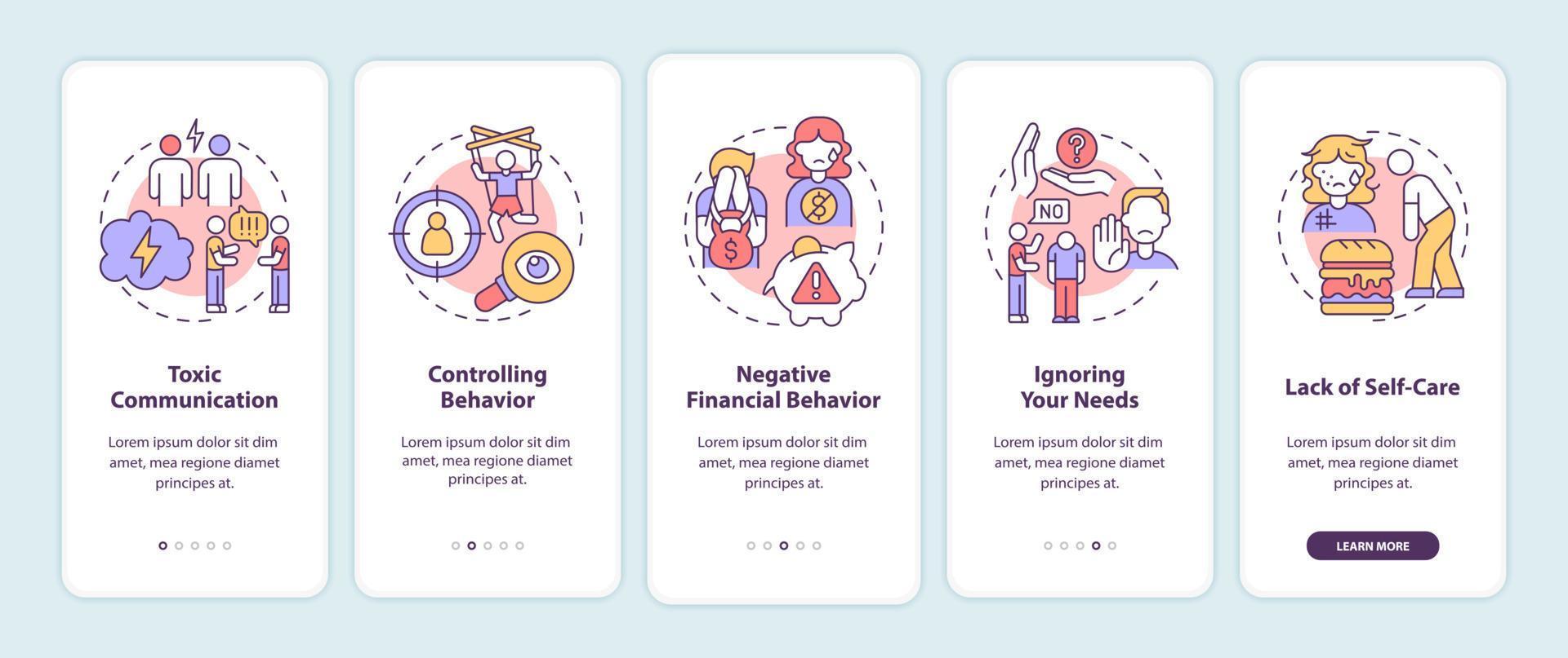 segni di relazioni tossiche durante l'onboarding della schermata della pagina dell'app mobile. controllo del comportamento procedura dettagliata 5 passaggi istruzioni grafiche con concetti. modello vettoriale ui, ux, gui con illustrazioni a colori lineari