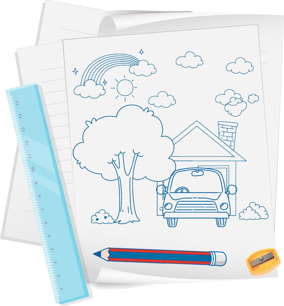 una carta con un disegno di schizzo di doodle e una matita vettore