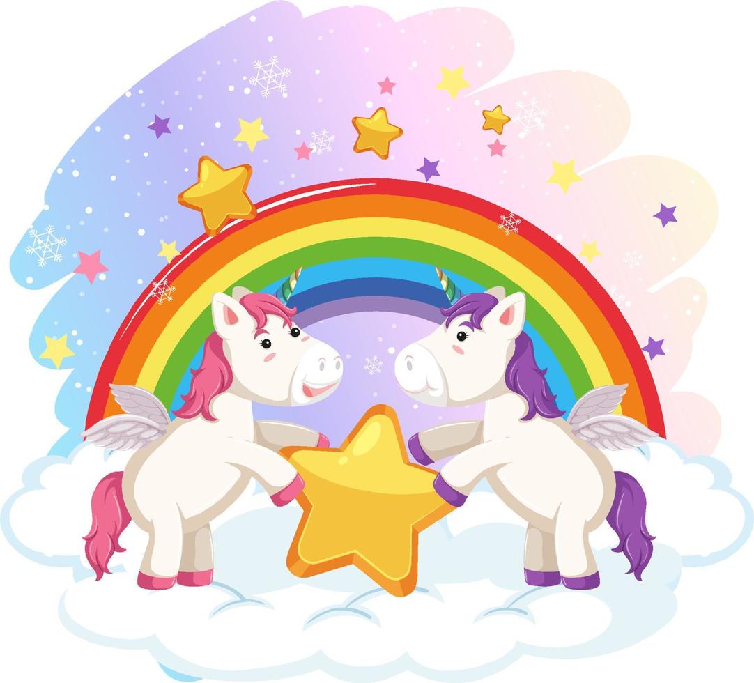 due simpatici unicorni che tengono una stella insieme a uno sfondo arcobaleno vettore