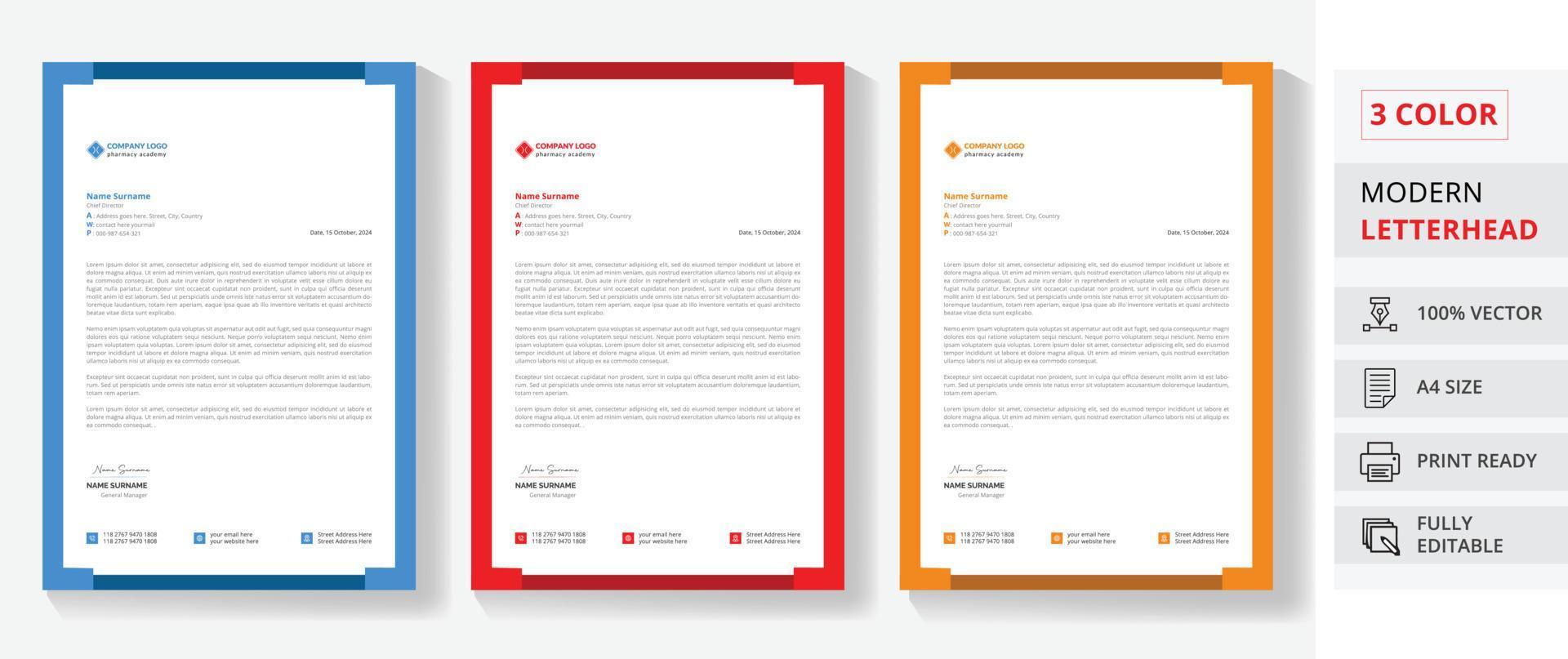 carta intestata professionale con pagina in formato A4 a 3 colori vettore